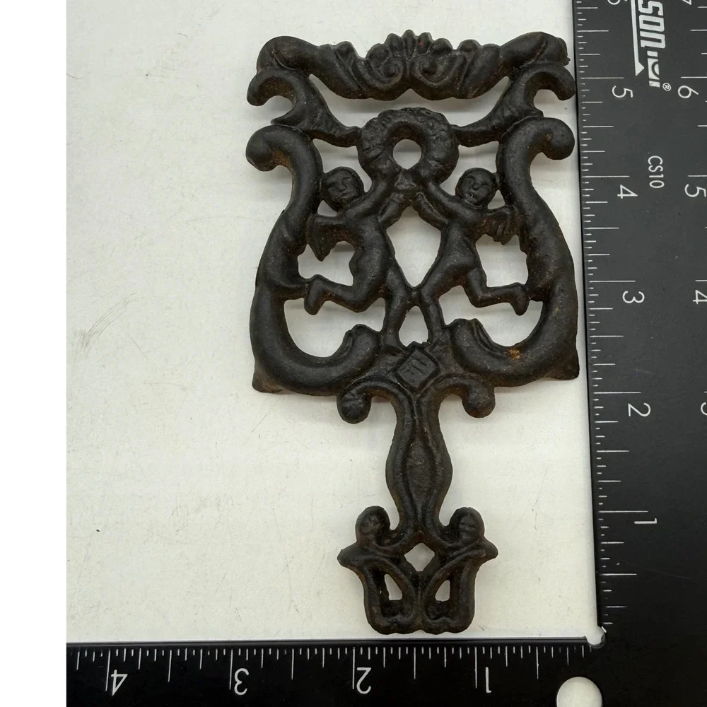 Vintage Wilton Cast Iron Trivet Lyre Harp Scrollwork Black Rustic Antique